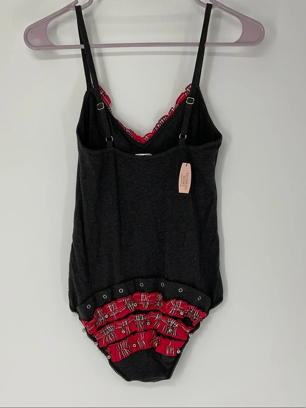 Victoria’s Secret Jingle Bell Teddy Bodysuit S Charcoal Red Plaid Ruffle Holiday